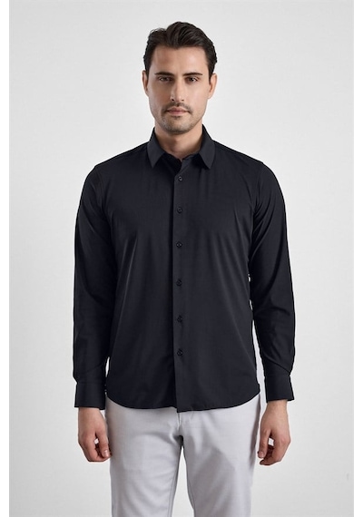 Süvari Siyah Slim Klasik Yaka Düz Casual Gömlek Gm1008400364-s09