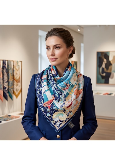 Zer Scarf Okyanus Desen Eşarp/omuz Şalı Lacivert