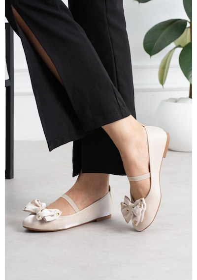 Shoetek Lowsi Kadın Babet Önden Bantlı Fiyonklu Bej Saten
