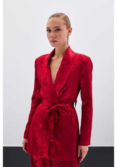Sateen Şal Yaka Kuşaklı Ceket - Kırmızı-135682 Kırmızı