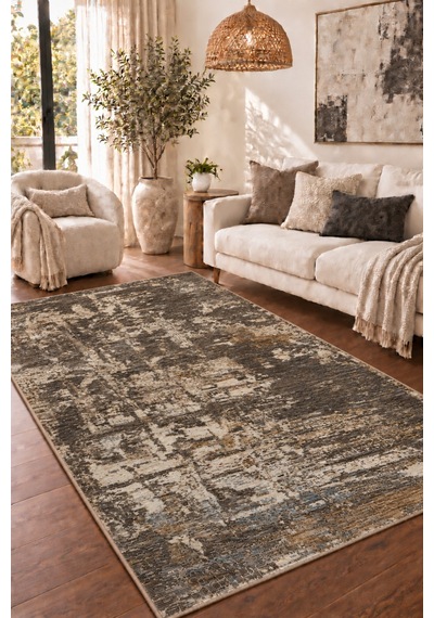 Vivanni Home Everlynn Polyester Vintage Halı Pamuk Atkı Tabanlı Modern Dokuma Ev Halısı Antrasit Kahve
