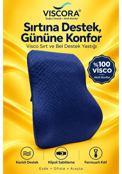 Araba Sırt Minderi Ofis Koltuk Sırt Minderi Ergonomik %100 Visco Klipsli Destek Yastığı, Lacivert
