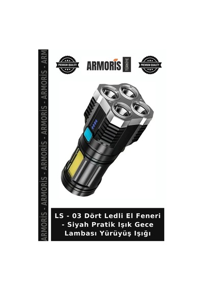 Ls - 03 Dört Ledli El Feneri - Siyah Pratik Işık Gece Lambası Yürüyüş Işığı