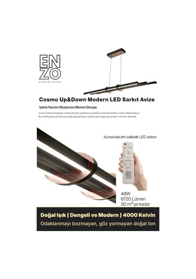 Cosmo Rose Gold Lineer Led Sarkıt Avize Kumandalı Dim Edilebilir Yukarı & Aşağı Işık Doğal Işık