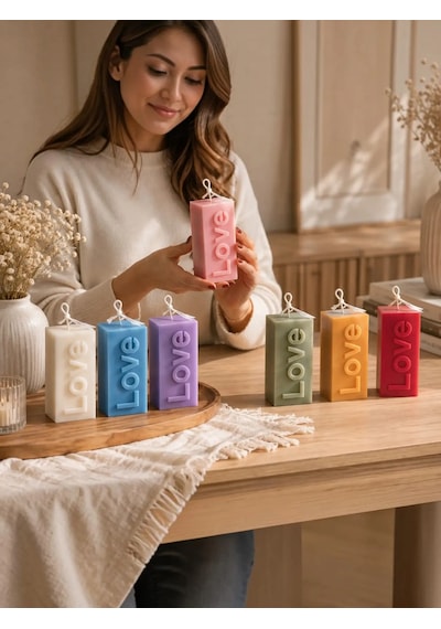 Mumelia Love Yazılı - Doğal Soya Blok Dekoratif Mum - Mor