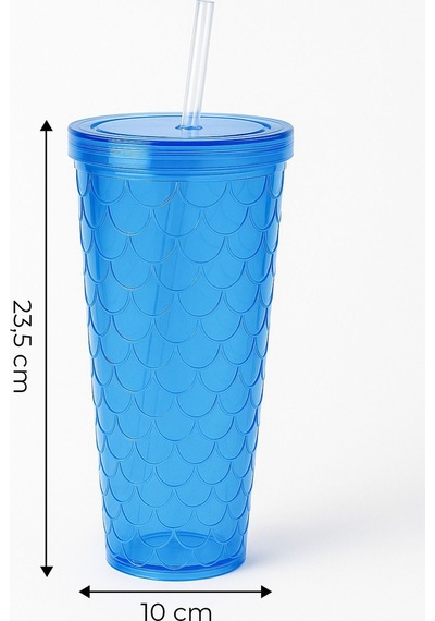 Sparkle Pipetli Renkli Bardak 750 Ml Kapaklı Sunum Bardağı ,meşrubat Bardağı Mavi
