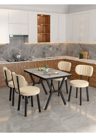 Azra 70x110cm Efes Mutfak Masası, Mutfak Masası Takımı, Yemek Masası, 4 Krem Sandalye Krem