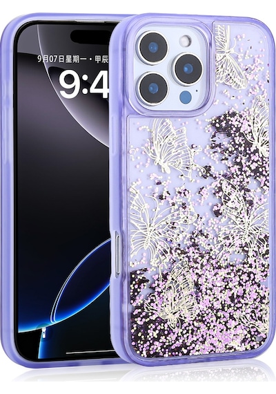 Apple Uyumlu iPhone 14 Pro Max Kılıf Sıvılı Simli Kelebek Tasarım Şeffaf Liquid Glittery Silikon Kapak Mor