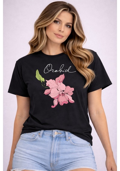 Herkesemoda Orehid Baskı Detaylı Basic T-shirt Siyah