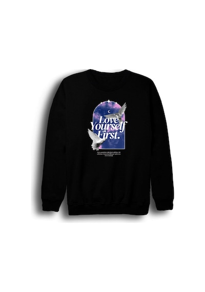 Love Yourself First - Kuş - Gökyüzü - Ay Baskılı Unisex %100 Pamuk Bisiklet Yaka Siyah Sweatshirt Siyah
