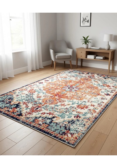 Vintage Desen Turuncu Mavi Renk Modern Halı Dekoratif Kilim