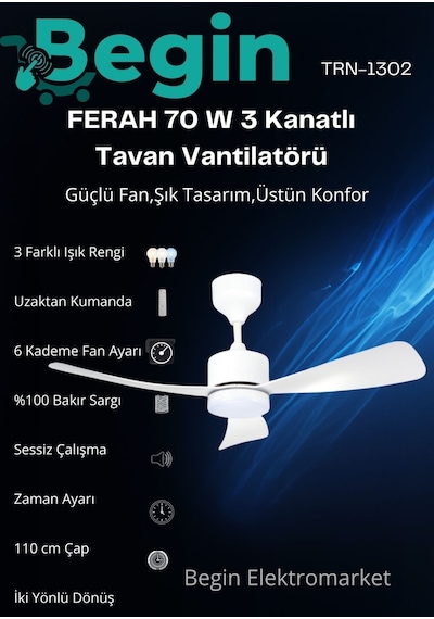 Ferah 70 W 3 Kanatlı Led Işıklı Tavan Vantilatör Uzaktan Kumandalı Beyaz