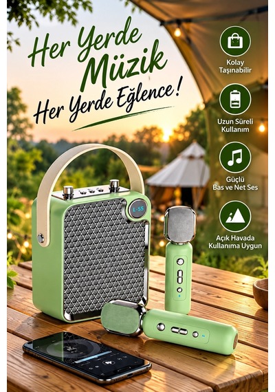 Zenvia Bluetooth Karaoke Hoparlör 2 Mikrofonlu Taşınabilir Şarjlı Müzik Seti Ses Değiştirme Özl Yeşil Znv2026