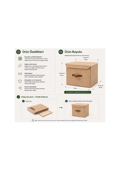Kapaklı Jüt Saklama Kutusu 30x30x30 Cm Katlanabilir Dolap Düzenleyici Raf Organizer Doğal
