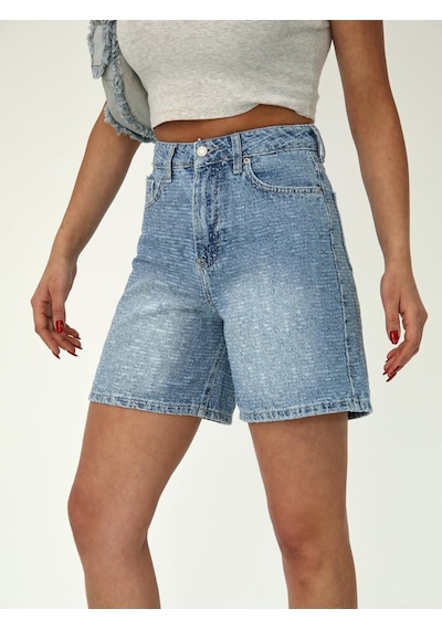 Eskitme Denim Kumaş Boru Paça Şort Mavi+eskitme