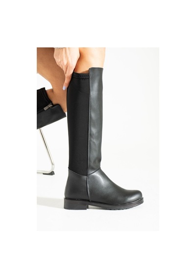 Duxal Shoes Kadın Günlük Çizme Lastikli Streç Dizaltı Siyah