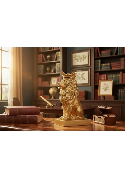 Lüks Taçlı Aslan Heykeli 35 Cm Büyük Boy Dekoratif Premium Biblo Büst Yeni Ev & Ofis Hediyesi