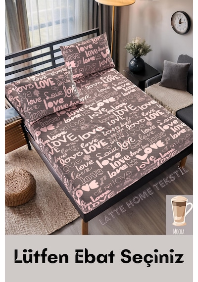 Mocha Love Desenli Pamuklu Kumaş Lastikli Çarşaf Takımı Mürdüm