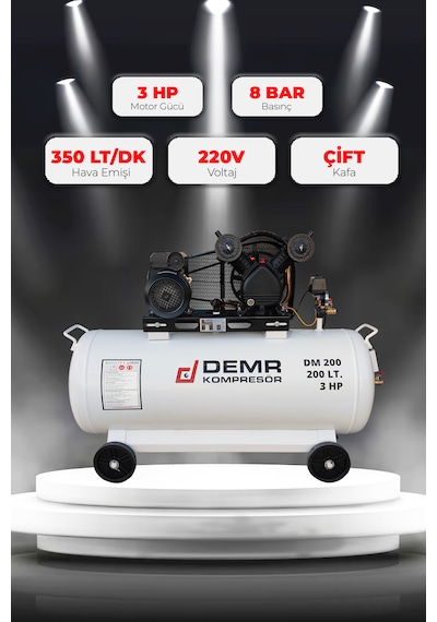 Demr Kompresör Pistonlu 200 LT 2 Kafa 8 Bar 3 HP IDM200 Hava Kompresörü