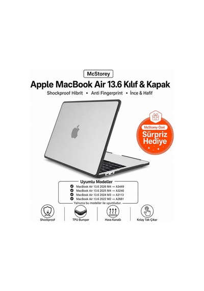 Macbook Air 13.6 İnç M2 M3 M4 M5 Uyumlu Darbe Korumalı Sert Kılıf Rugged Koruma Hard Case A2681 A3113 A3240 A3449 Güçlendirilmiş Köşe Koruma Şeffaf Belirtilmemiş