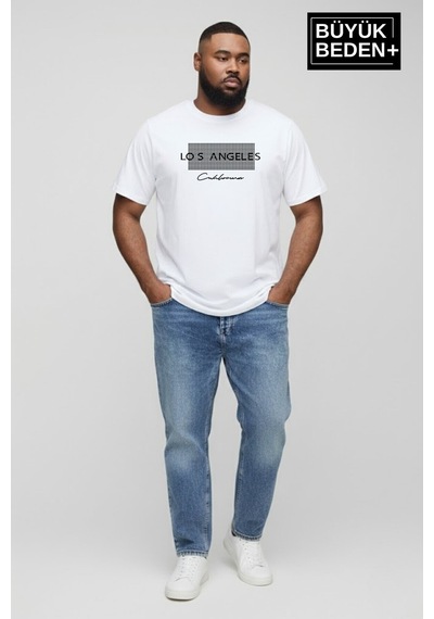 Superlife Erkek Büyük Beden Los Angeles Baskılı 3xl-6xl Bisiklet Yaka Tshırt Spr26bts510-18 Beyaz