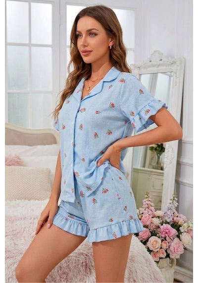 Bella Notte Mavi Lale Desenli Kısa Kollu Düğmeli Şortlu Pijama Takımı Lacivert