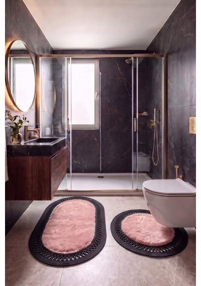 Banyo Paspası Takımı 60x100+60x60 Cm İç Trikot Pembe & Siyah