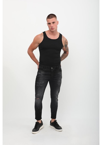 Blue White Erkek Skinny Fit Yırtık Detaylı Jean Siyah 27