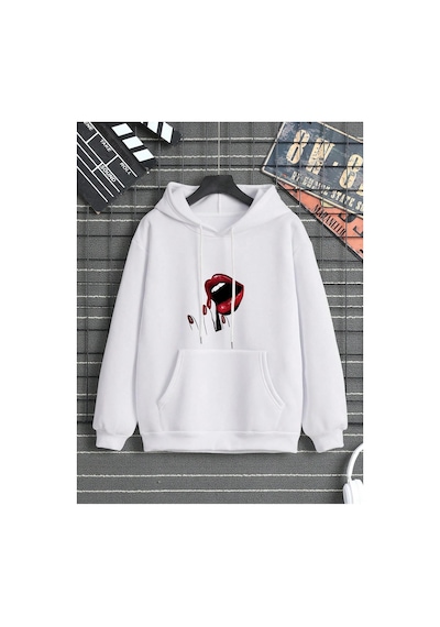 Tarzsokak Lip Print Kangaroo Pocket Drawstring Hoodie Beyaz