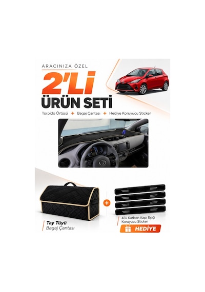 E-biz Toyota Yaris 2014-2019 Uyumlu Torpido Örtüsü + Tay Tüyü Bagaj Çantası - Siyah-bej - To026