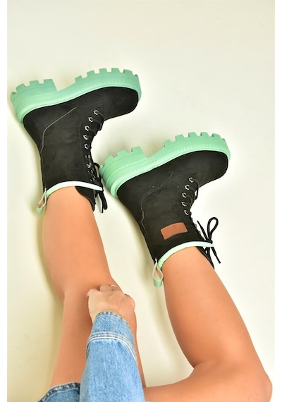Fox Shoes Siyah/Yeşil Süet Bağcıklı Kadın Postal Bot L973916002 Siyah/Yeşil-Süet