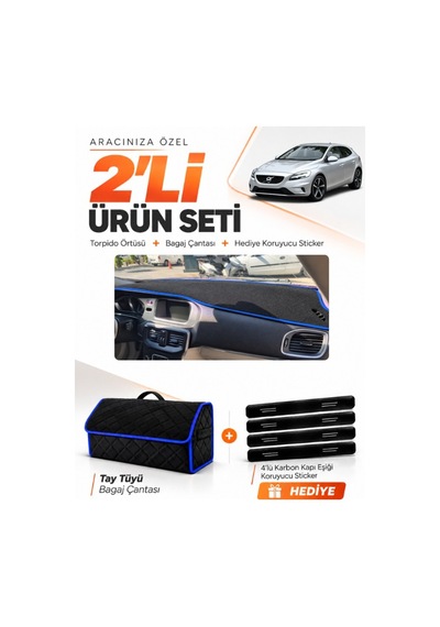 Volvo V40 2012-2019 Uyumlu Torpido Örtüsü + Tay Tüyü Bagaj Çantası + Sticker Seti - Siyah Mavi