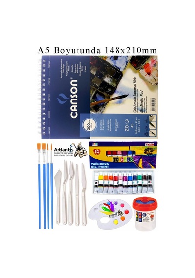 Canson Çok Amaçlı Sanatsal Blok A5 200 Gr 20 Yaprak 1 Adet Mydido 12 Renk Yağlı Boya Fırça Palet Spatula Fırça Temizleme
