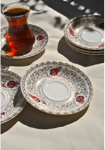 6'lı Porselen Çay Tabağı Altın İşlemeli Kırmızı Lale Gold 12 Cm Çay Tabak Seti -redlal Kırmızı Gold