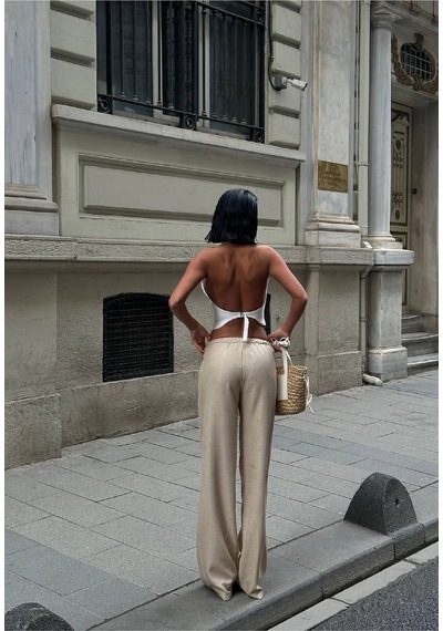 HLT Jeans Kadın Krem Baggy Beli Lastikli Keten Görünümlü %100 Pamuk Pantolon Emily-3018