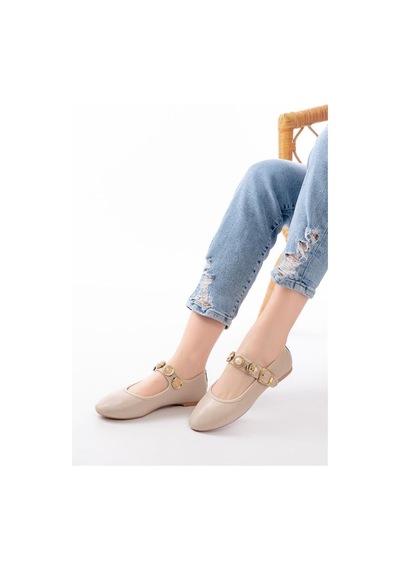 Alemdarshop İnf-6363 Bej Baret Tokalı Günlük Bayan Ayakkabı