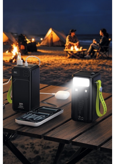 7go Gpw-13 50000 Mah 22,5w Hızlı Şarj Powerbank, Dahili Type-c Ve Lightning Kablolu, Dijital Ekranlı Siyah