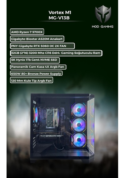 Mod Gaming Vortex MG-V13B R7-5700X 32 GB 1 TB SSD RTX5060 Free Dos Masaüstü Oyuncu Bilgisayarı