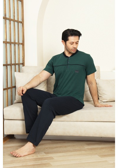 Enisena Erkek %100 Pamuk Pijama Takımı -3 Düğmeli-robalı 12383 Haki