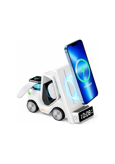 T20 15w 5 İ 1 Arada Magsafe Kablosuz Şarj İstasyonu, Dijital Saatli Forklift Tasarım, İphone 16/15/14/13/12, Apple Watch, Airpods Uyumlu Masaüstü Hızlı Şarj Standı Beyaz