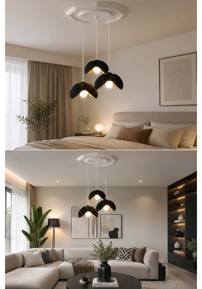 Lotus Çiçek Tasarım Üçlü Sarkıt Avize - Modern Tasarım Gece Lambası İç Dış Ortama Uygun - 25 Cm - Kahverengi Siyah
