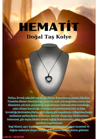 Sertifikalı Hematit Doğal Taş El Işçiliği Kalp Kesim Kolye Çok REnkli
