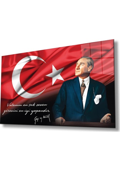 Atatürk Portre Cam Tablo Vatanını En Çok Seven Görevini En İyi Yapandır Kurum Hediyelik Büyük Tablo