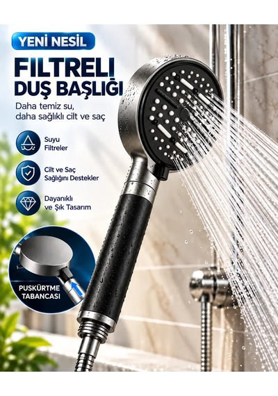 Modern Tasarımlı 6 Modlu Filtreli Duş Başlığı Büyük Panel Metalik Siyah Duş Aparatı Diğer