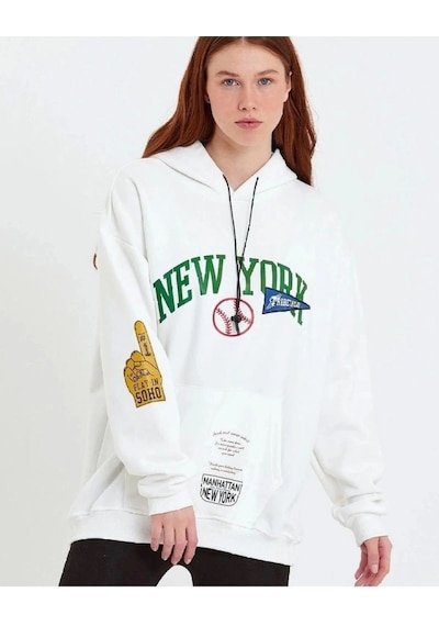Mbb E-ticaret Kadın Oversize Kapüşonlu Cepli Ön Kol Baskılı 3 İplik Pamuklu Hoodie Sweatshirt - Beyaz