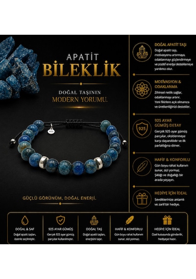 Apatit Doğal Taş 8mm - 925 Ayar Gümüş Detaylı Makrome Örgülü Erkek Bileklik Hediye Kutulu