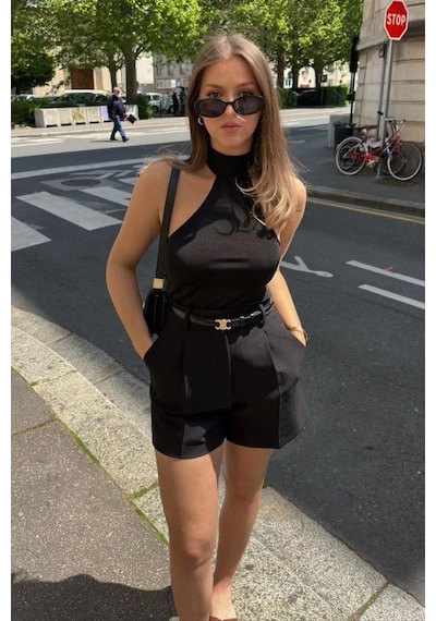 Madmext Siyah Yüksek Bel Wed Leg Pileli Kadın Mini Şort Mg2537 Siyah