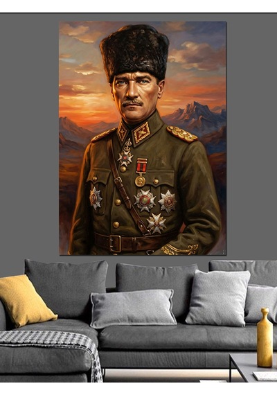 Askeri Üniformalı Atatürk Portre Tablo Dekoratif Kanvas - Mdf Ahşap Tablo