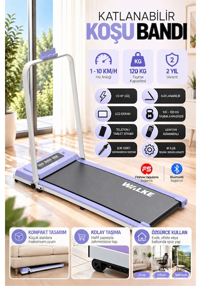 Walke W-fit Purple Bluetoothlu Uygulamalı Uzaktan Kumandalı Koşu Bandı Yürüyüş Bandı Mor