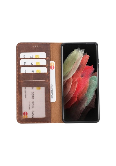 Galaxy S21 Ultra Uyumlu Manyetik Hakiki Deri Cüzdan Kılıf ,cüzdan Taşımaya Son, Kredi Kart Yuvalı siyah